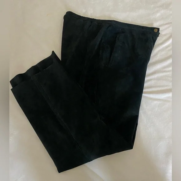 Women Black wide leg suede pants, Handmade sz 8-10, relaxed fit, front pockets - Picture 6 of 9